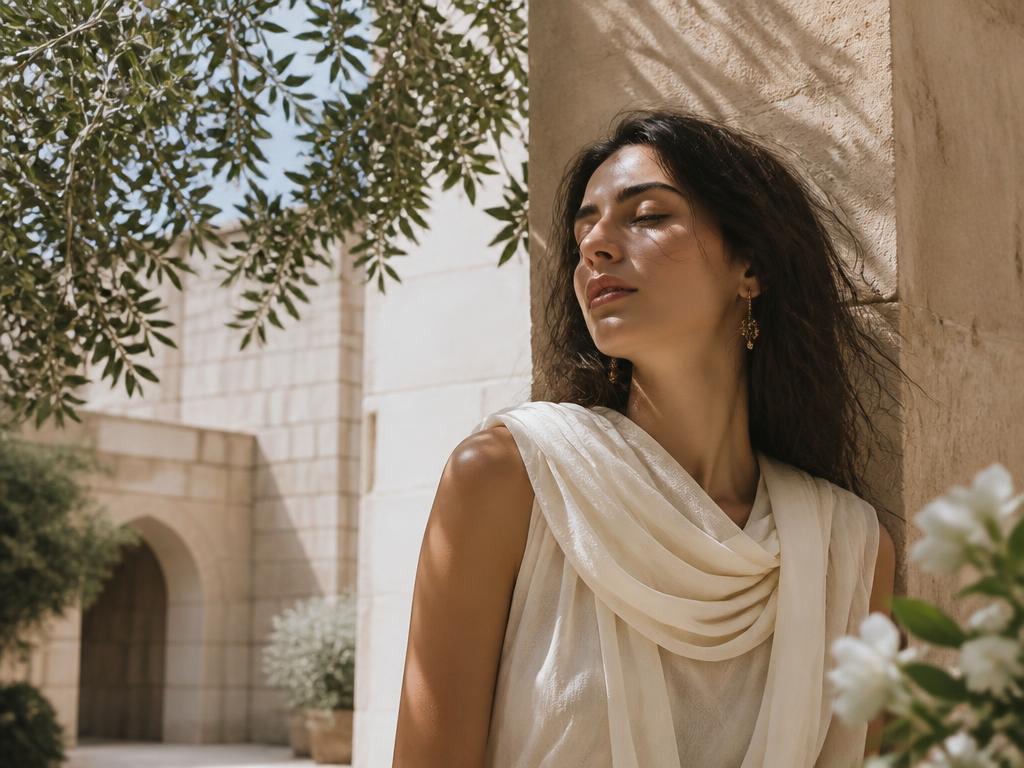 Sunlit Mediterranean courtyard with olive branches and jasmine for the Palestine Collection